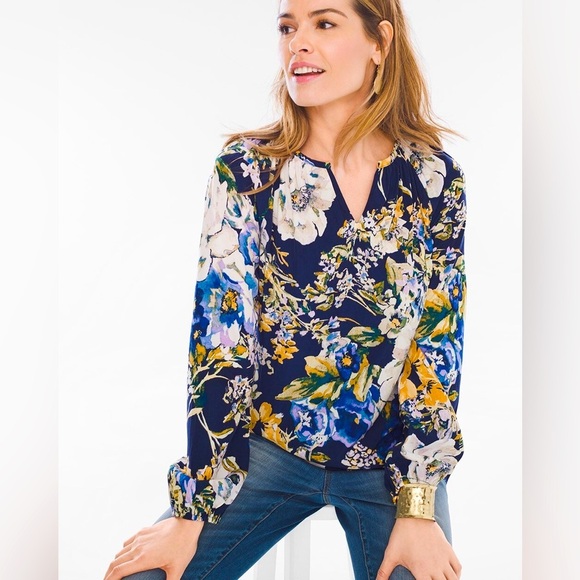 Chico’s Primavera Floral Peasant Blouse LP 2 - Picture 1 of 8